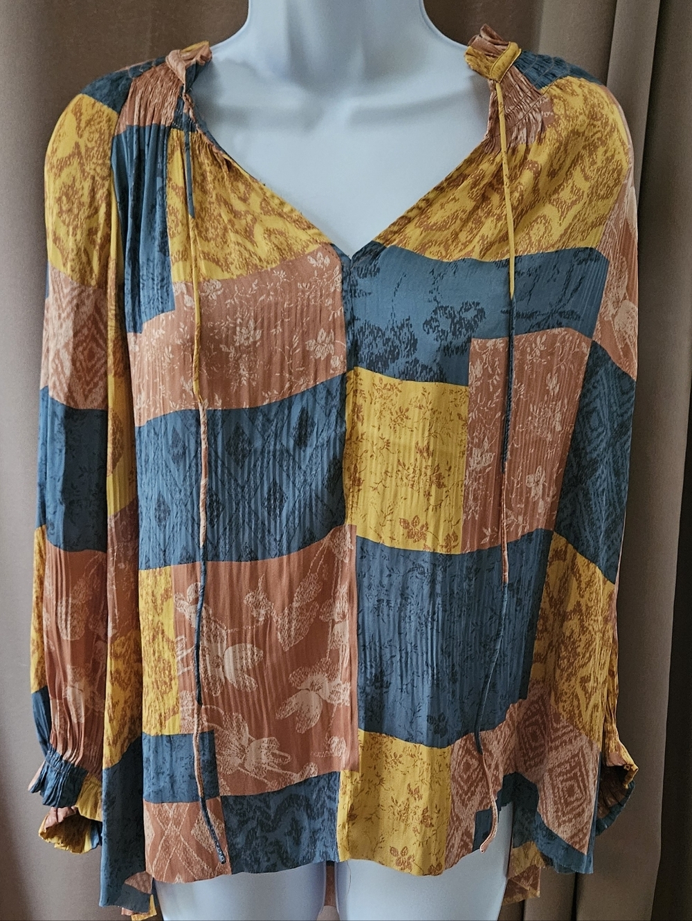 Current Air Patchwork Boho Blouse | Crinkle Long Sleeve Top